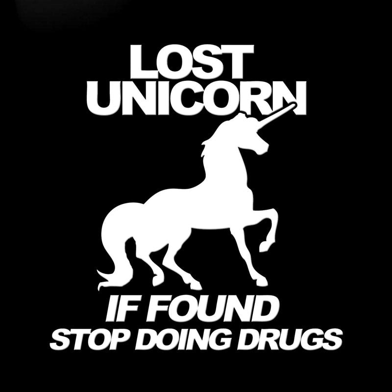 14.5CM*15.2CM Lost Unicorn If Found Drugs Sticker Funny JDM Girl Drift Decals Motorcycle Car Styling Black Sliver C8-1053